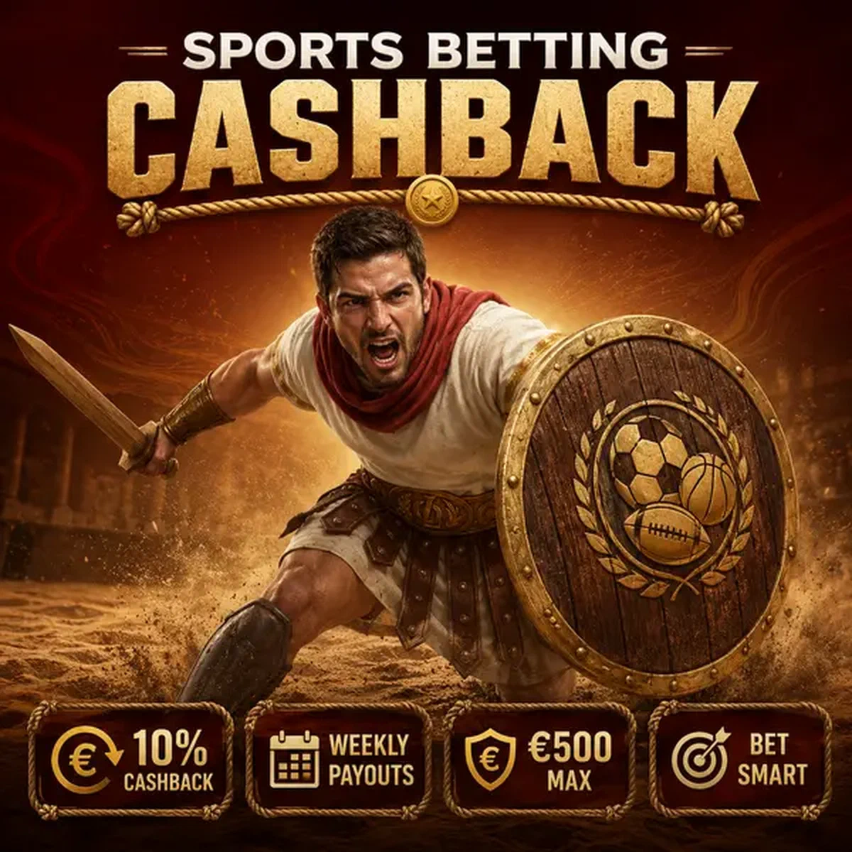 Guerrier athlétique engagé dans un combat de paris sportifs chez Legiano Sports Betting avec bouclier et épée
