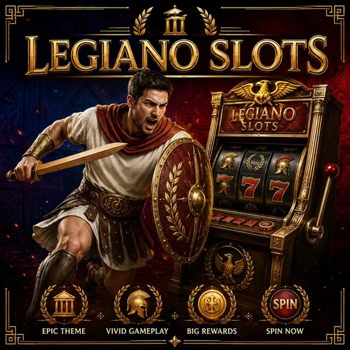 Légionnaire romain faisant tourner les machines à sous Legiano avec bouclier et épée dans une bataille de jeu épique