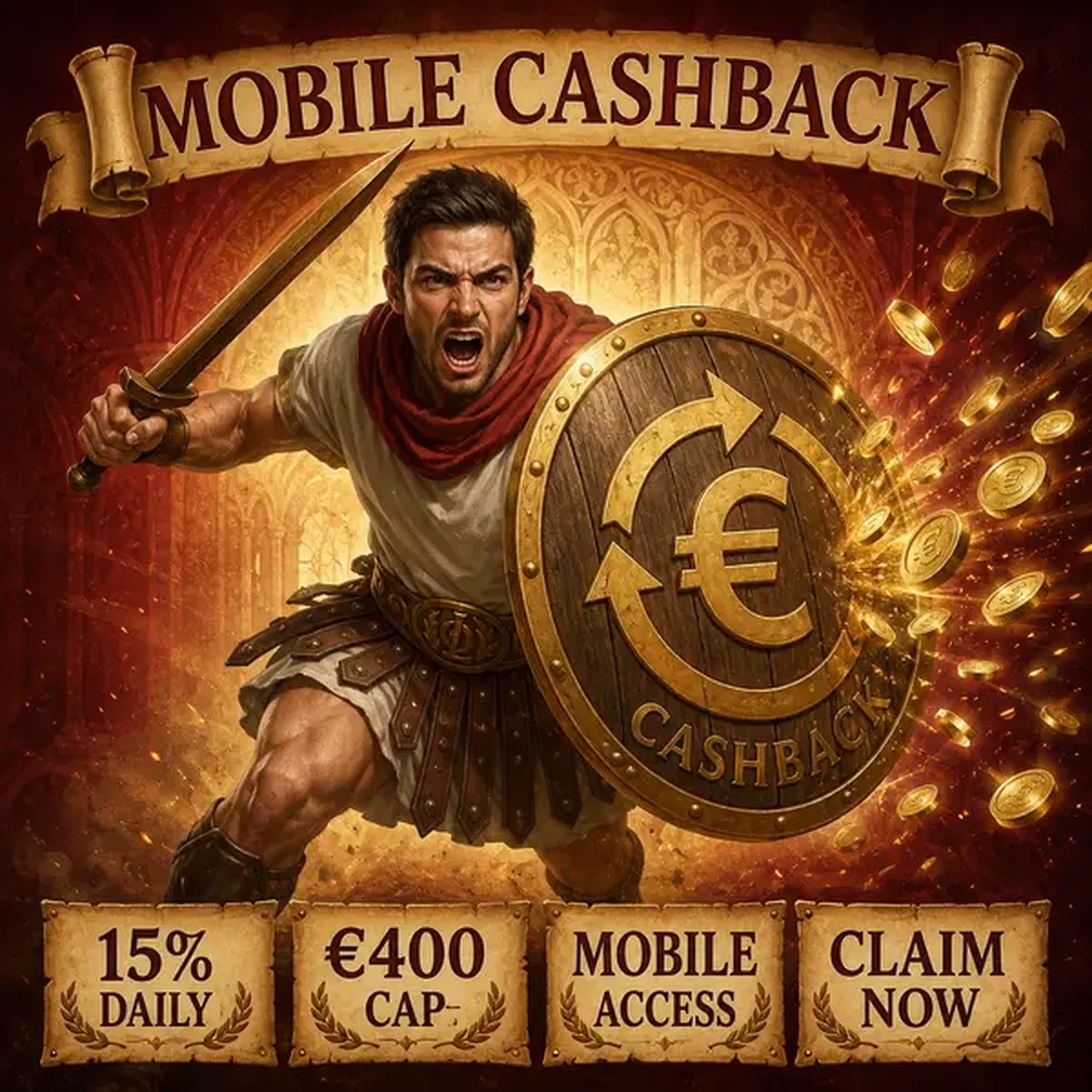 Guerrier médiéval avec bouclier déviant des pièces d'or tout en réclamant le cashback de l'application mobile lors de l'entraînement au combat