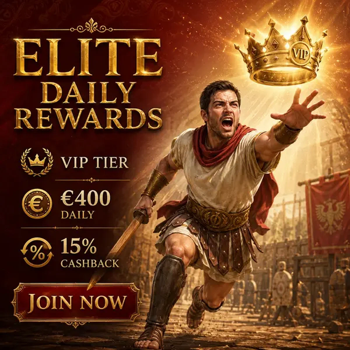 Guerrier romain se précipitant vers la couronne VIP dorée au hall bonus VIP Elite Daily Rewards and Stacked Cashback System