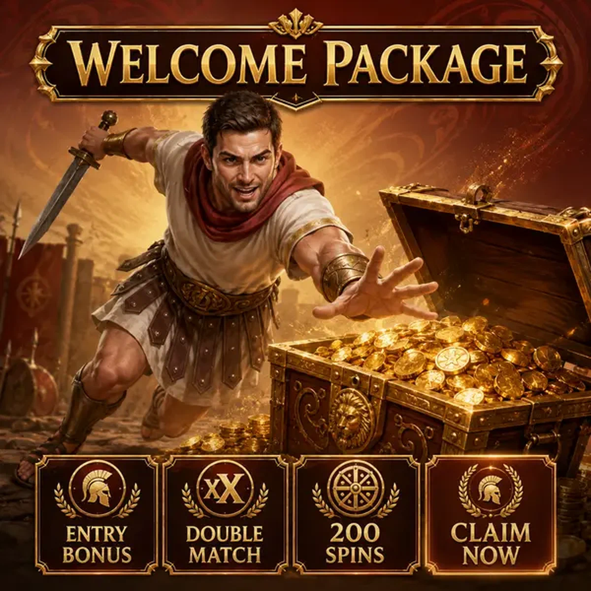 Guerrier impatient se précipitant vers le coffre au trésor au portail d'inscription Welcome Package