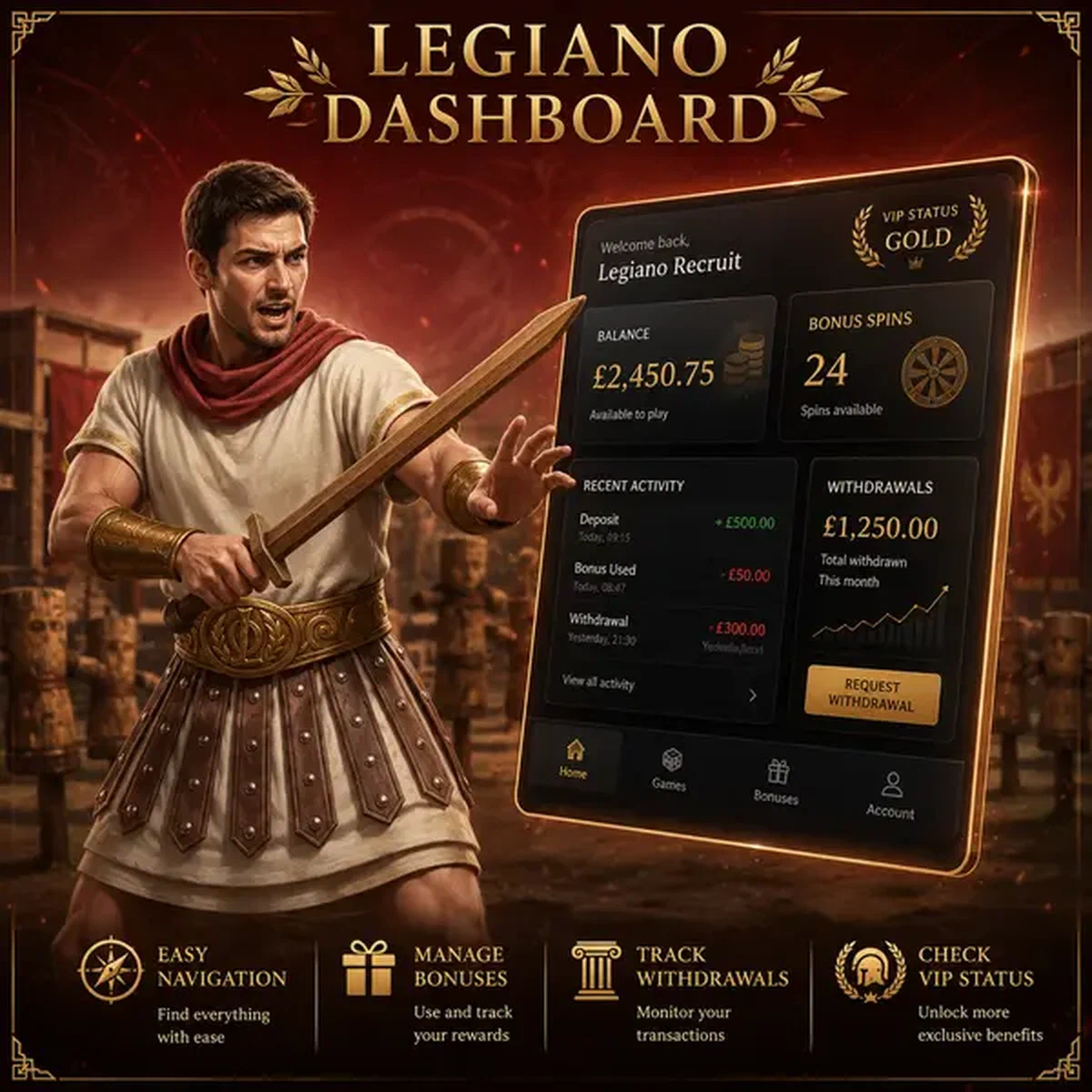 Jeune recrue maîtrisant le tableau de bord de connexion au casino Legiano avec des panneaux d'interface flottants