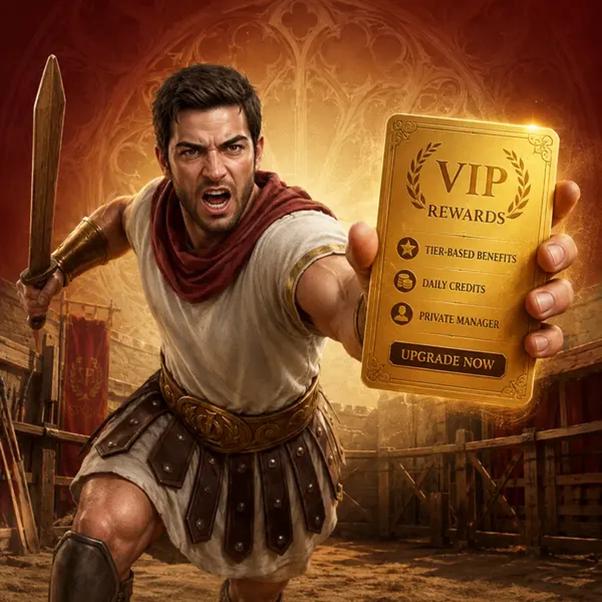 Code promo flottant à côté du guerrier VIP Exclusive Codes and Tier-Based Rewards dans la cour d'entraînement