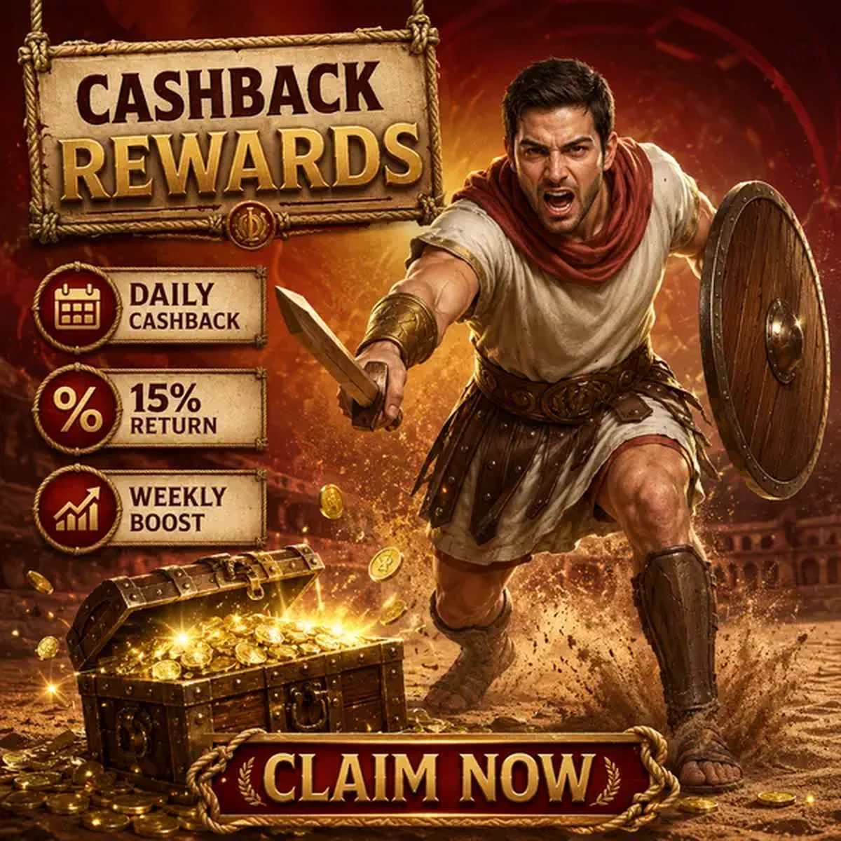 Jeune gladiateur atteignant les récompenses de cashback au portail de connexion Weekly Cashback and Daily Rewards Waiting to Claim