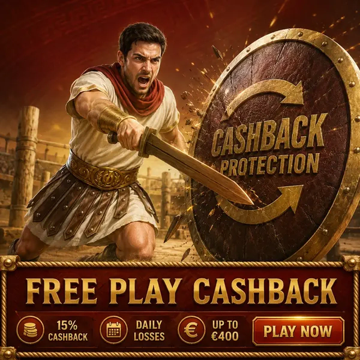 Personnage Legiano en pleine fente avec épée d'entraînement au bouclier de cashback tout en découvrant les machines à sous à l'arène d'entraînement