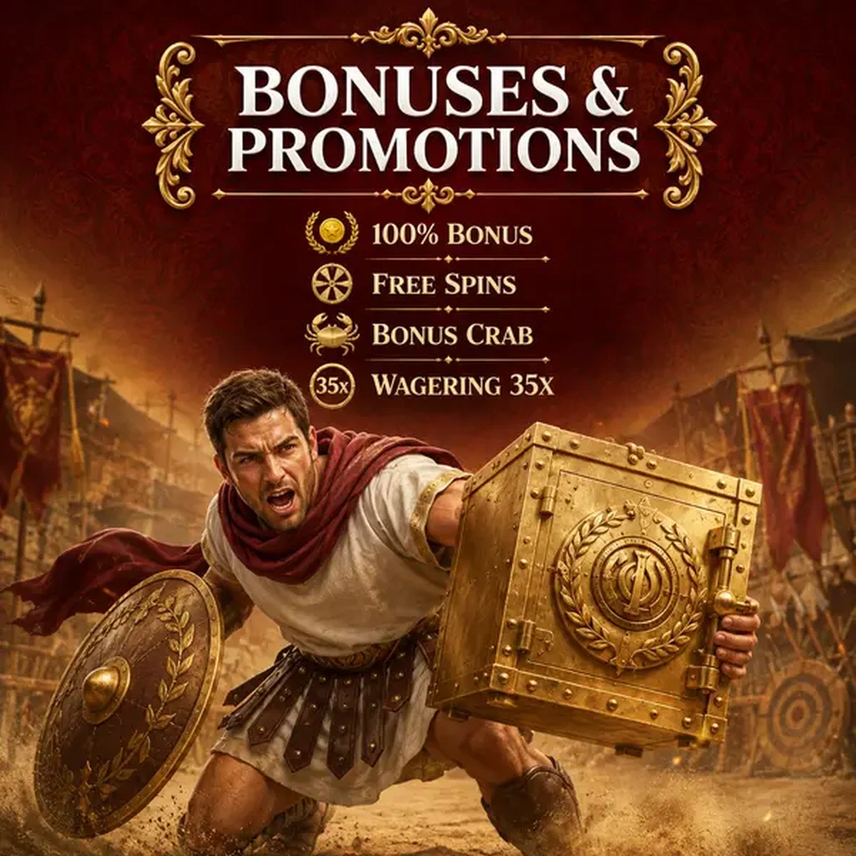 Affichage des bonus et promotions Legiano avec trésor de coffre-fort et récompenses dorées