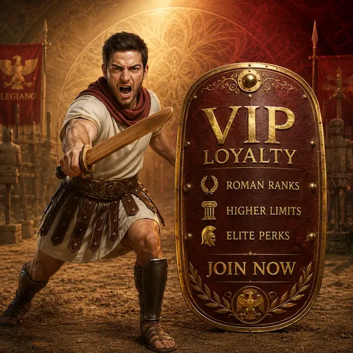 Recrue romaine s'entraînant avec bouclier affichant les avantages du programme de fidélité VIP Legiano