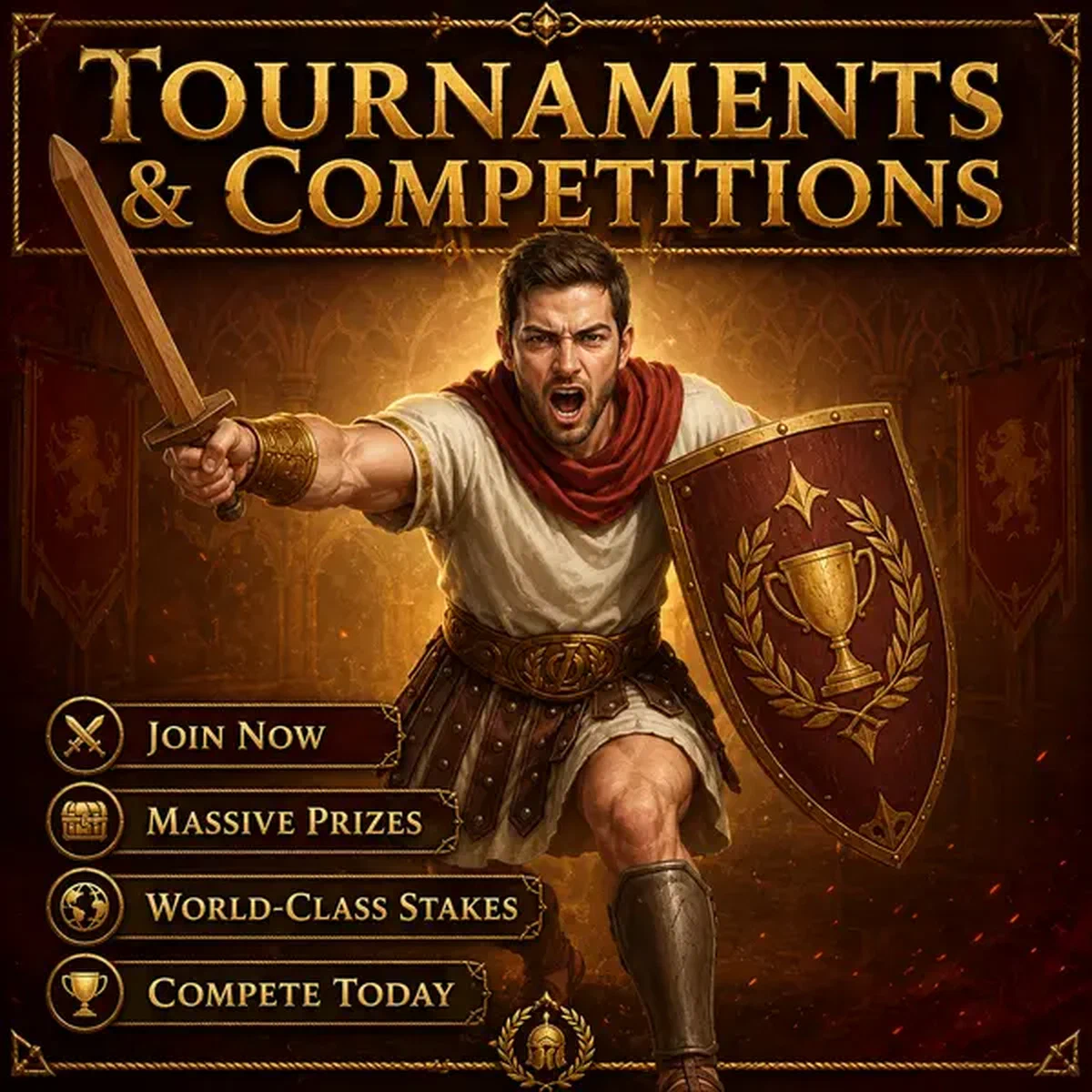 Guerrier féroce de Legiano Tournaments se précipitant avec bouclier dans une arène de compétition épique