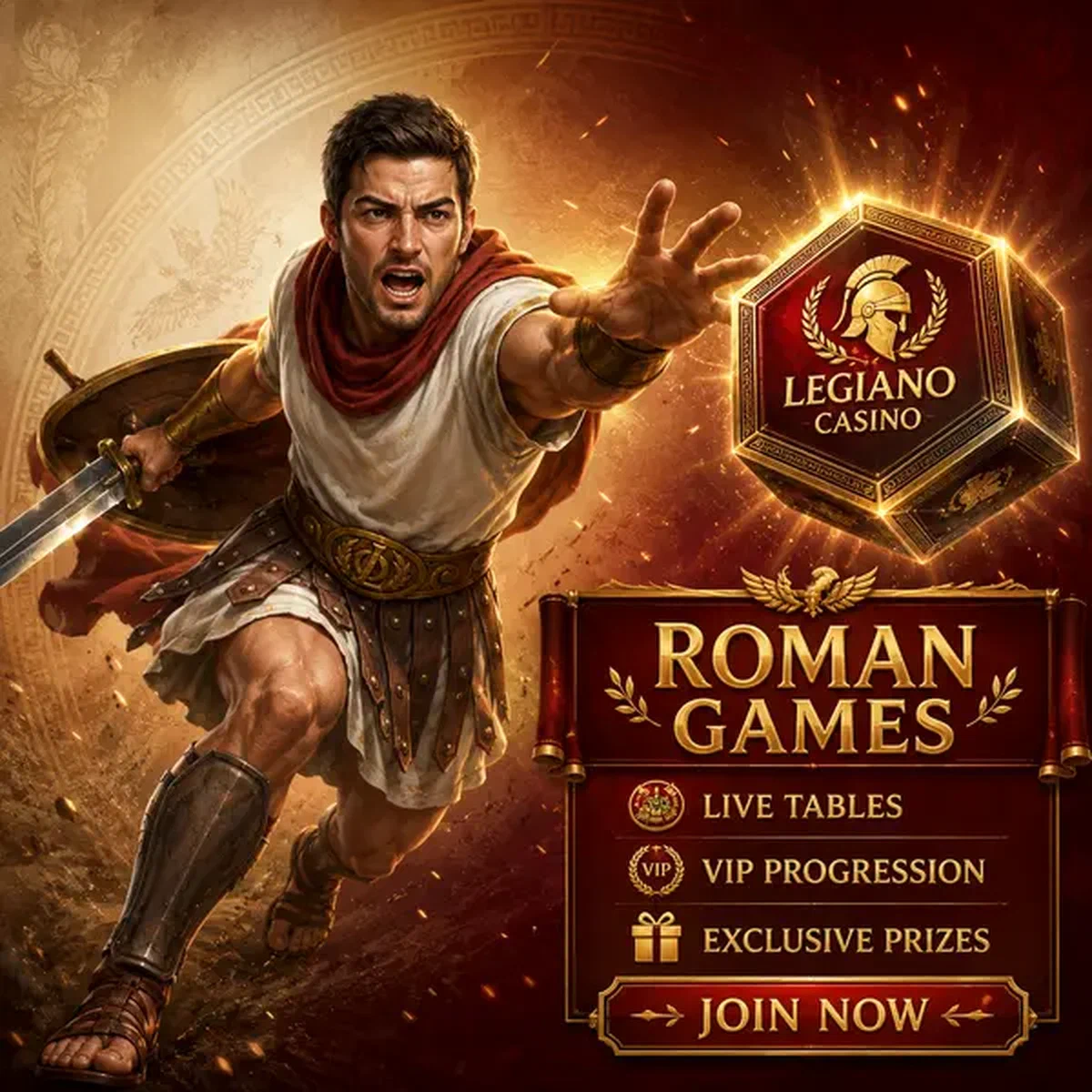 Gladiateur romain se précipitant vers une boîte à prix aux tables en direct Legiano Casino